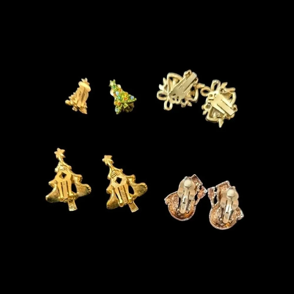Vtg Christmas Clip On‎ Earrings Set 4 Pairs Trees Snowmen Bells Holiday Jewelry